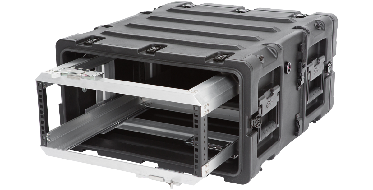 Angled open view of 4U 20-Inch Shock Rack Case with extended aluminum rack rails, designed for lightweight, dustproof electronics protection.