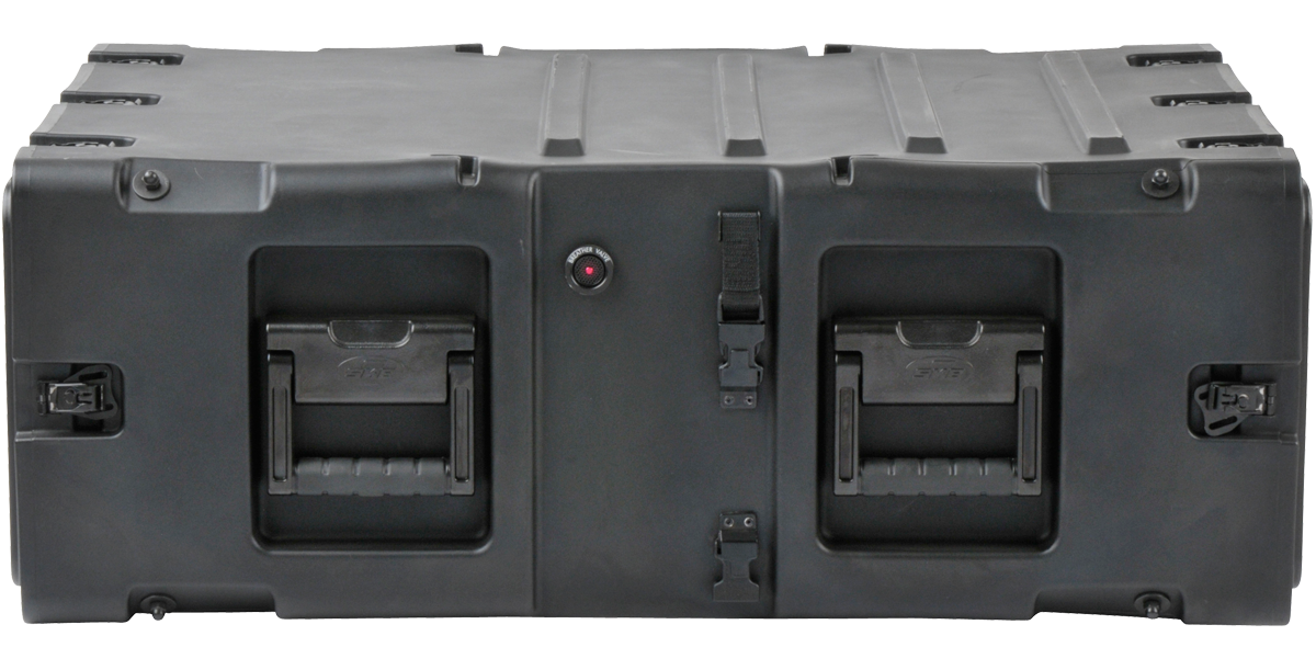 Back panel of 4U RR Series Shockproof Rack by SKB with dual handles and secure locking system for heavy-duty protection.