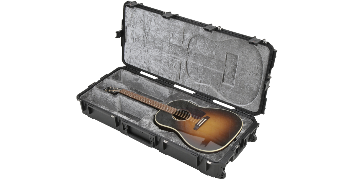 Durable iSeries Waterproof Guitar Case open with acoustic guitar, highlighting protective foam lining and rugged travel-ready construction.