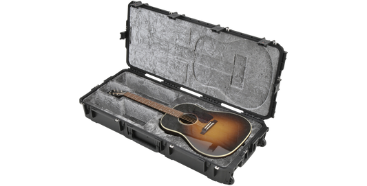 Durable iSeries Waterproof Guitar Case open with acoustic guitar, highlighting protective foam lining and rugged travel-ready construction.