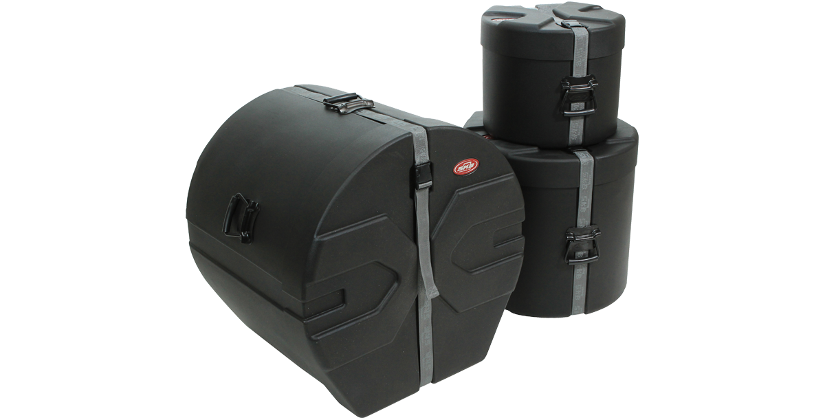 SKB Drum Case Set from the SKB Drum Package, featuring durable molded cylindrical cases with secure straps for tom and bass drum transport.