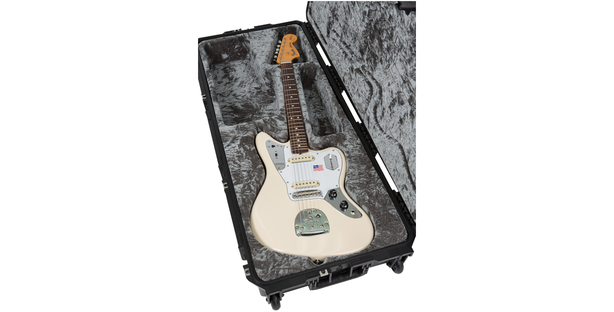 SKB iSeries Waterproof Guitar Case housing a white Jaguar Jazzmaster guitar, offering secure fit and military-grade protection.