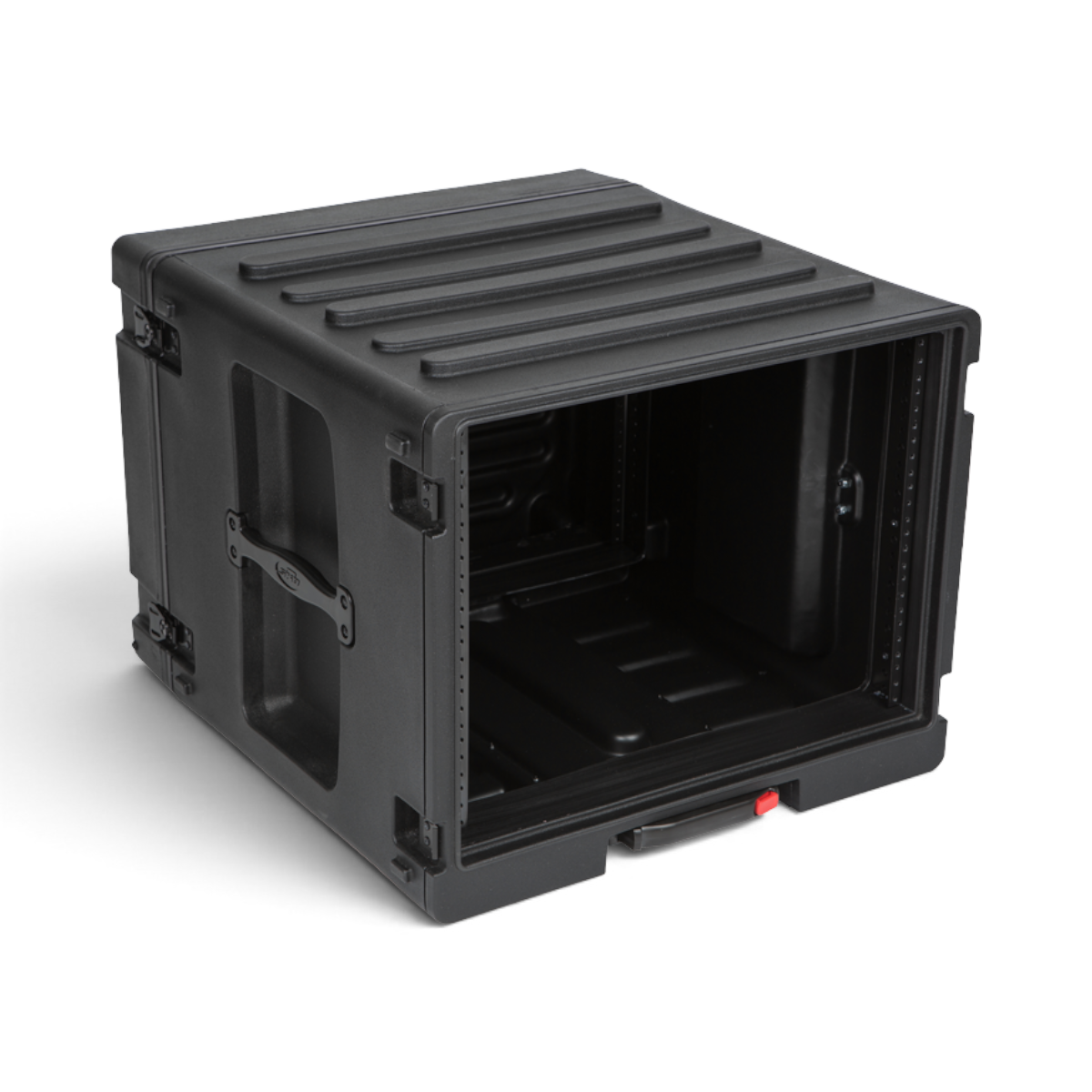 Rear-angled view of empty 8U SKB Rolling Rack with visible rack rails and molded exterior for stacking and transport efficiency.
