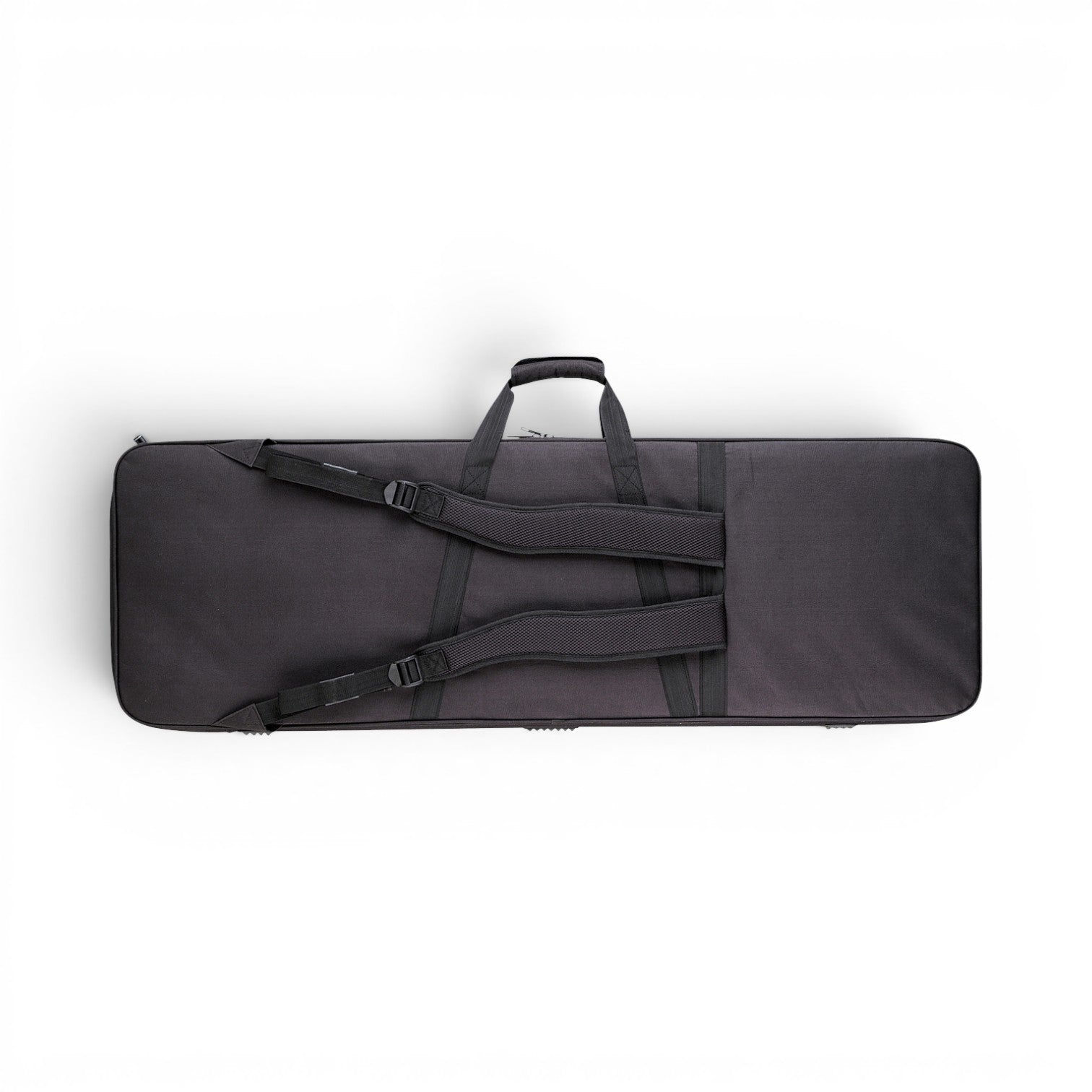 Rear view of bass guitar soft case showing adjustable backpack straps for easy carrying. Durable nylon exterior for long-lasting use.