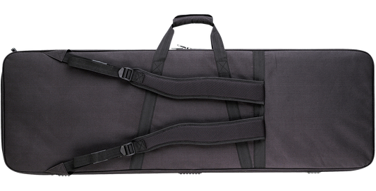 Rear view of bass guitar soft case showing adjustable backpack straps for easy carrying. Durable nylon exterior for long-lasting use.