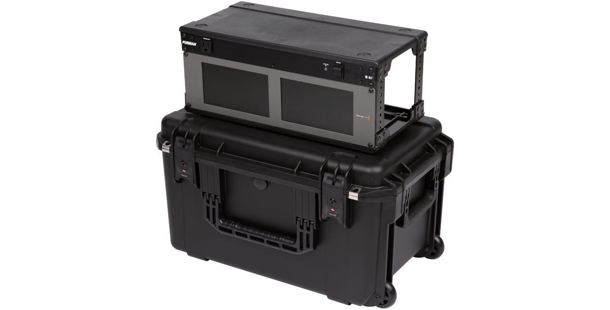 Angled rear view of Injection Molded Shallow Rack - 4U iSeries Fly Rack with rack unit on top, ideal for mobile recording setups.