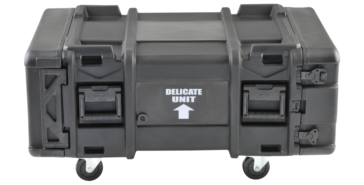 Front-facing view of 4U 28-Inch rSeries Rack with 'Delicate Unit' marking, showcasing its durable, impact-resistant case and transport wheels.