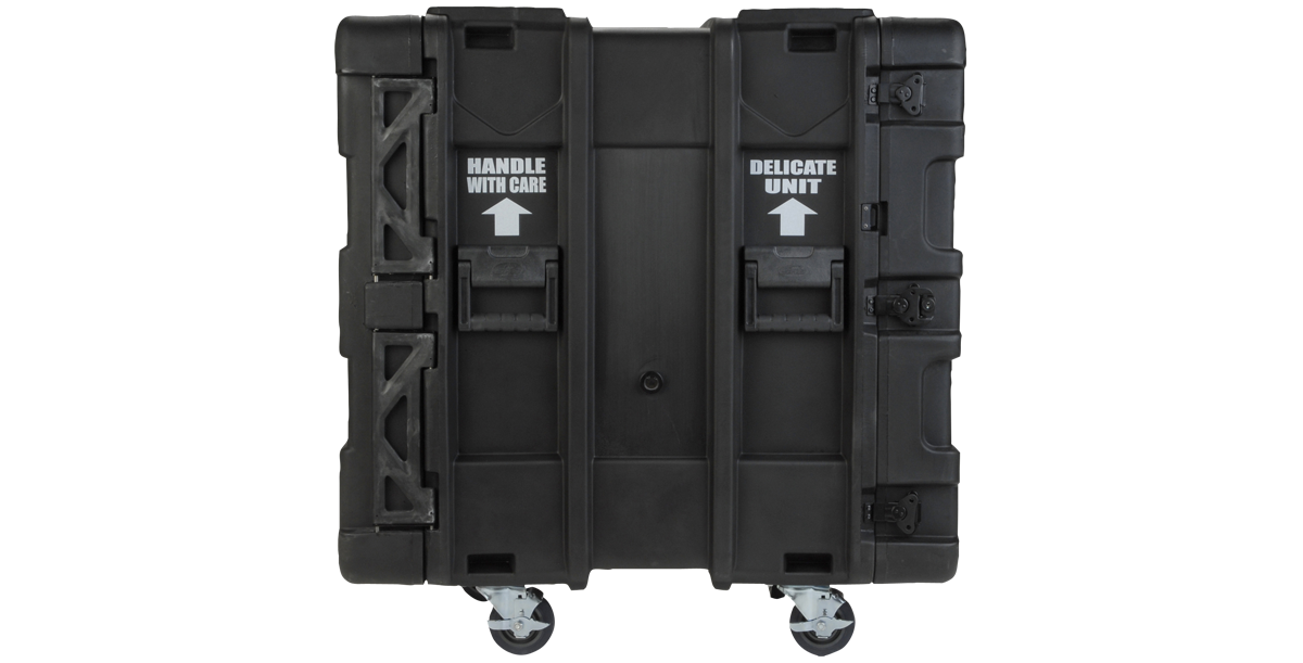 Side view of 24-Inch rSeries Shock Rack - Durable & Efficient | 3SKB on wheels, showing reinforced corners and 'Handle With Care' warning labels.