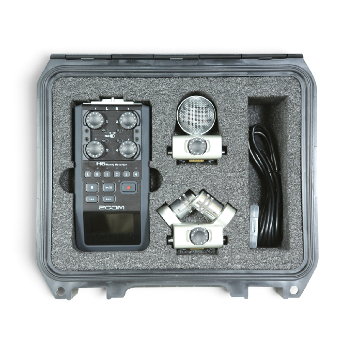 SKB Cases iSeries waterproof hard case with custom foam interior holding a Zoom H6 recorder and microphone capsules