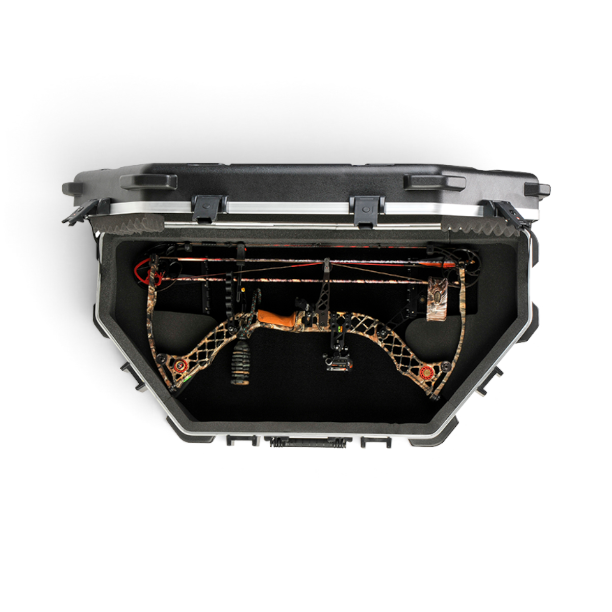 SKB Cases ATA parallel limb bow case in black with a camouflage compound bow stored inside on foam padding
