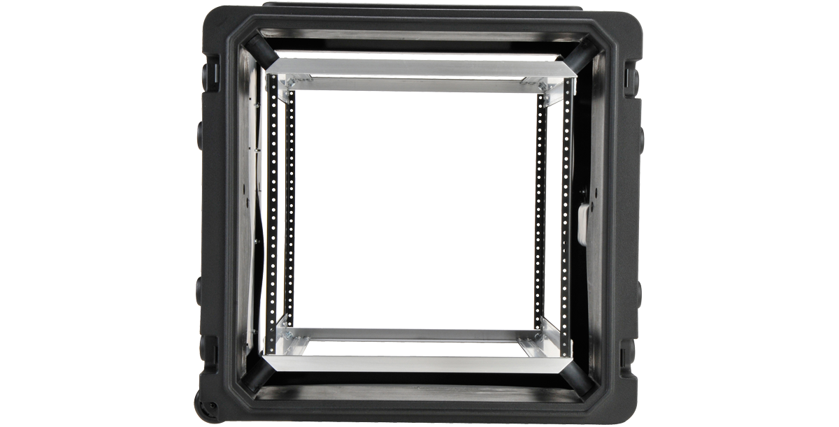 20-Inch Rolling Shock Rack - Protective Case with open front view showing internal rack frame and elastomeric shock mounts for secure stacking.