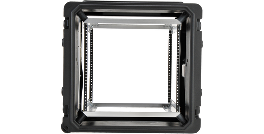 20-Inch Rolling Shock Rack - Protective Case with open front view showing internal rack frame and elastomeric shock mounts for secure stacking.