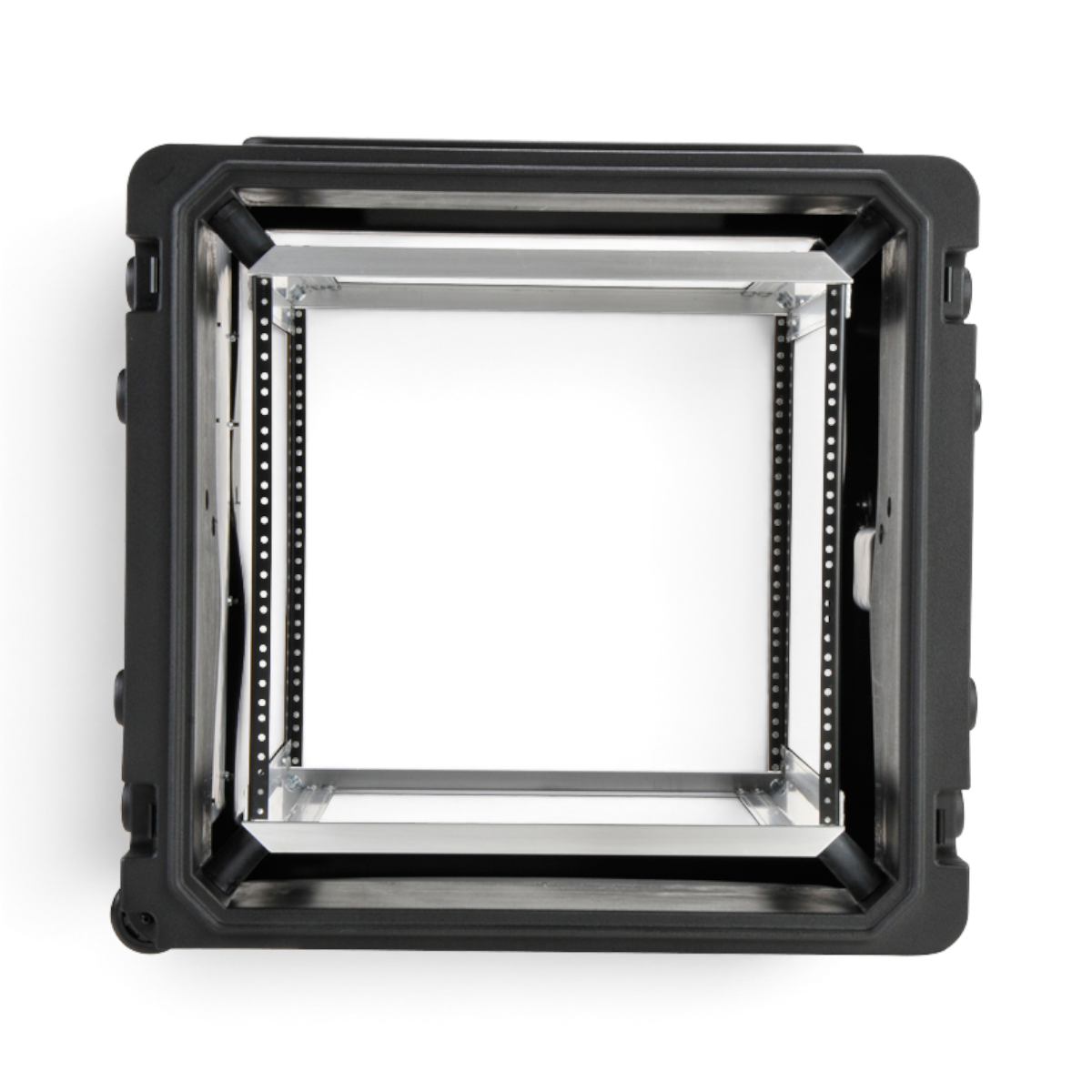 20-Inch Rolling Shock Rack - Protective Case with open front view showing internal rack frame and elastomeric shock mounts for secure stacking.