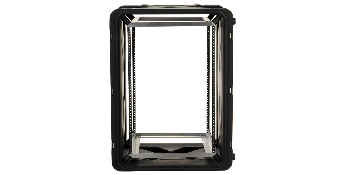 16U shock rack case with 20-inch depth, open front view showing internal mounting rails for sensitive IT or audio equipment protection.