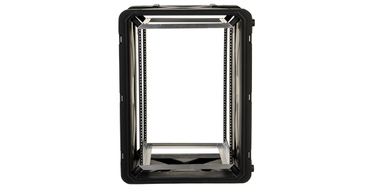 16U shock rack case with 20-inch depth, open front view showing internal mounting rails for sensitive IT or audio equipment protection.