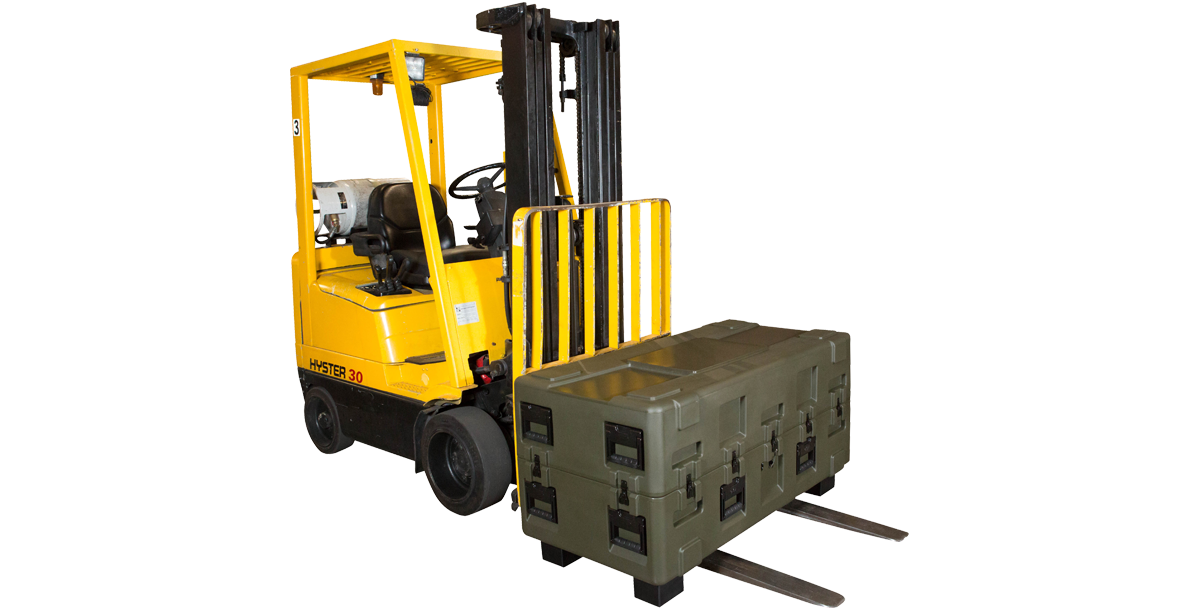 Yellow forklift lifting 3R Series case equipped with 3R Forklift Riser Kit for improved mobility and access.