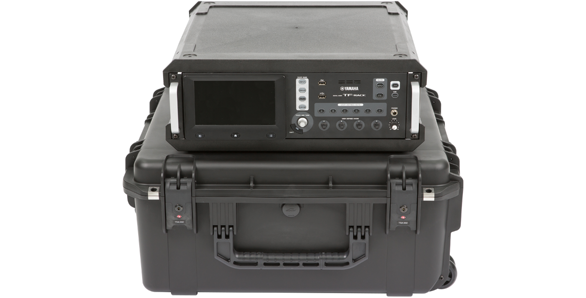 3U iSeries Injection Molded Fly Rack with mounted audio equipment, showcasing its lightweight and durable design for pro audio transport.