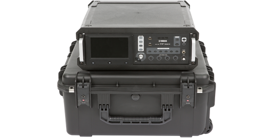 3U iSeries Injection Molded Fly Rack with mounted audio equipment, showcasing its lightweight and durable design for pro audio transport.