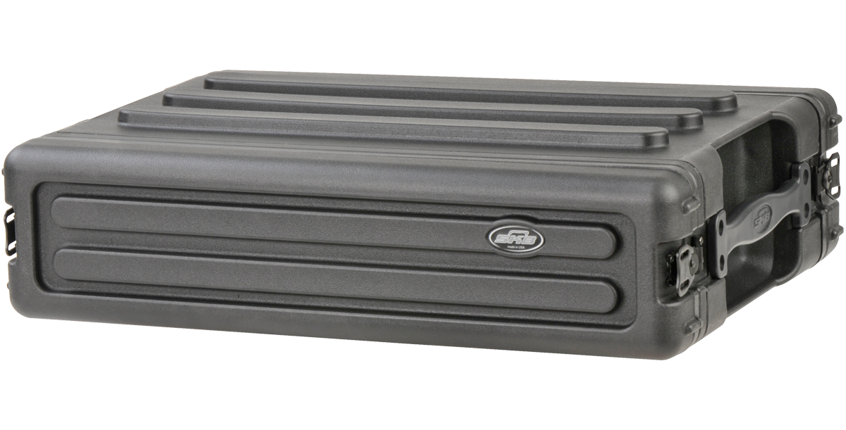 Angled rear view of 2U rSeries SKB Shallow Rack - Strong & Durable with closed lid and reinforced corners for extra durability.