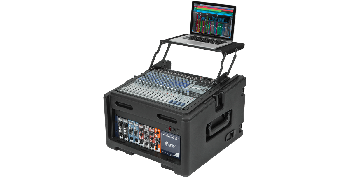 Pro audio rolling compact rig with 10U mixer, 4U rack, and laptop tray running DAW software. Designed for mobile production setups.