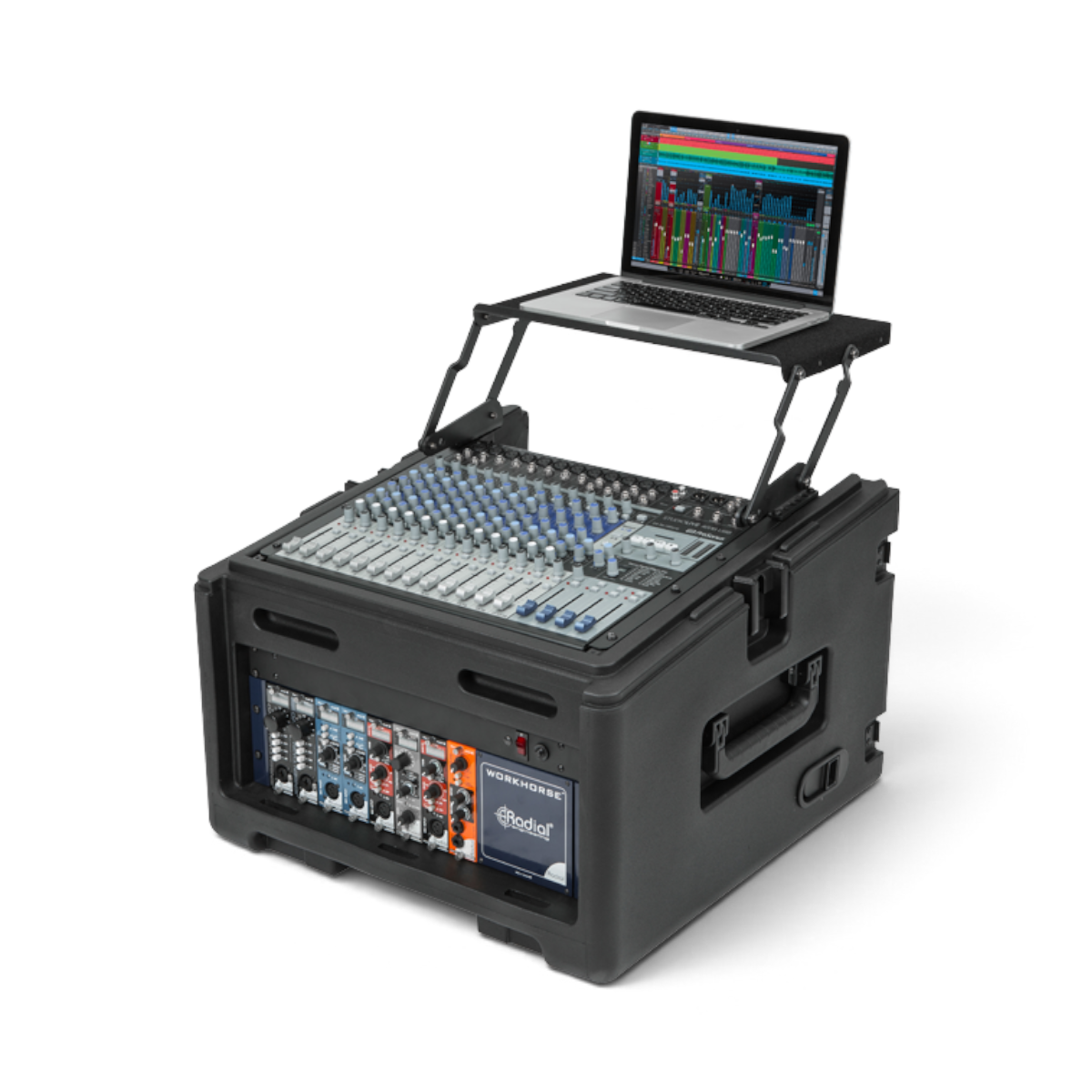 Pro audio rolling compact rig with 10U mixer, 4U rack, and laptop tray running DAW software. Designed for mobile production setups.