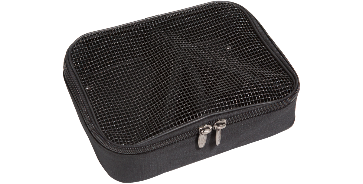 Closed Caster Accessory Bag with mesh top and dual zipper, ideal for storing wheels and hardware for SKB Shockracks.