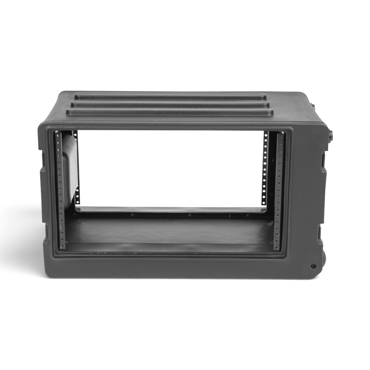 SKB Cases 6U rSeries shallow rolling rack in black polyethylene with front and rear steel threaded rails.