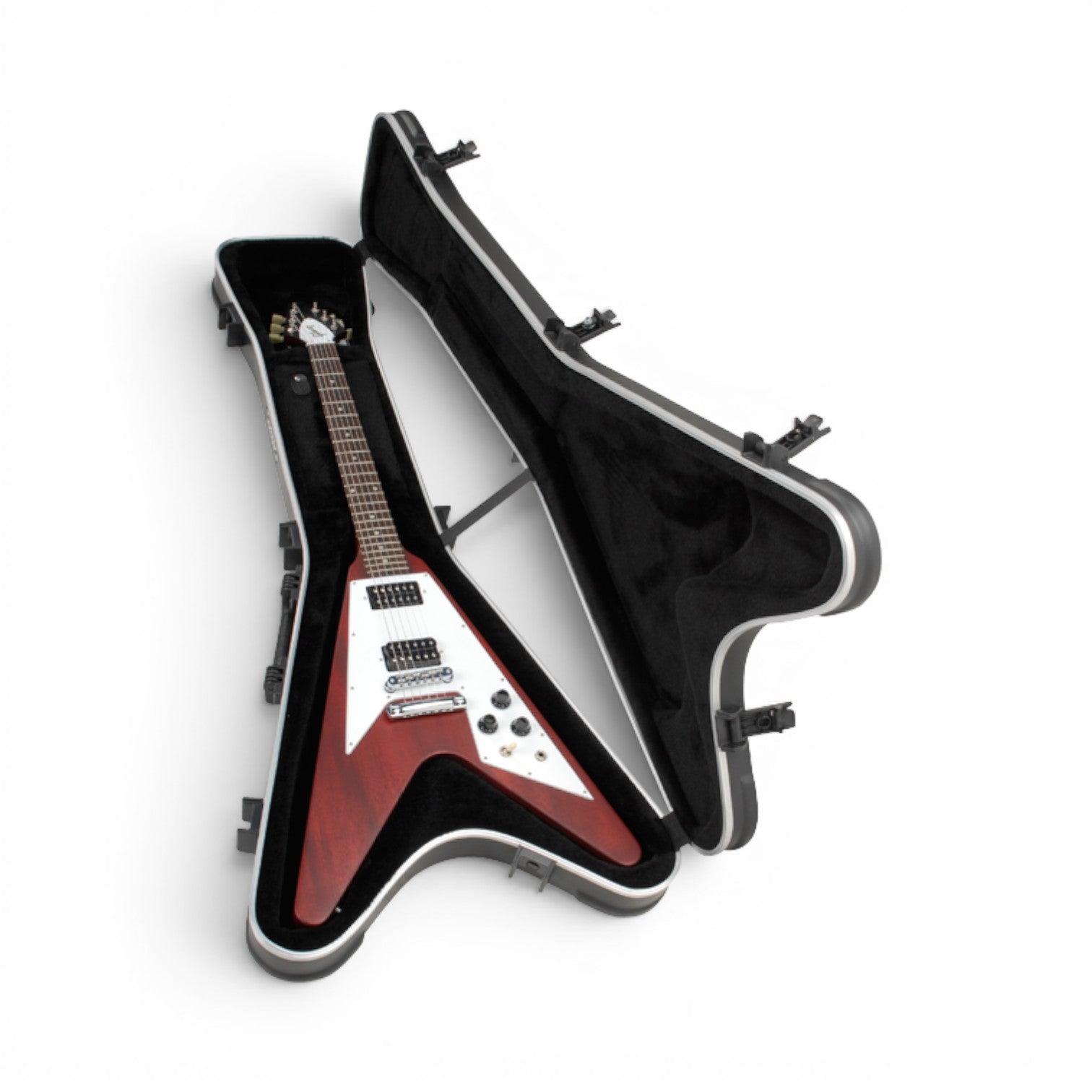 Flying V electric guitar in Flying V® Hardshell Guitar Case with contoured interior and heavy-duty latches for maximum security.