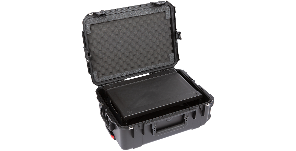 Open SKB 2U iSeries Fly Rack with empty rack inside, highlighting waterproof molded case and protective foam interior.