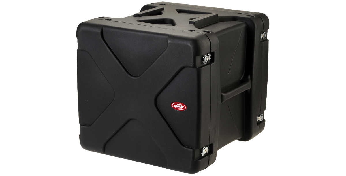 Closed front view of 20-inch Shock Rack - 10U Deep featuring durable molded shell and secure latches for gear transport safety.