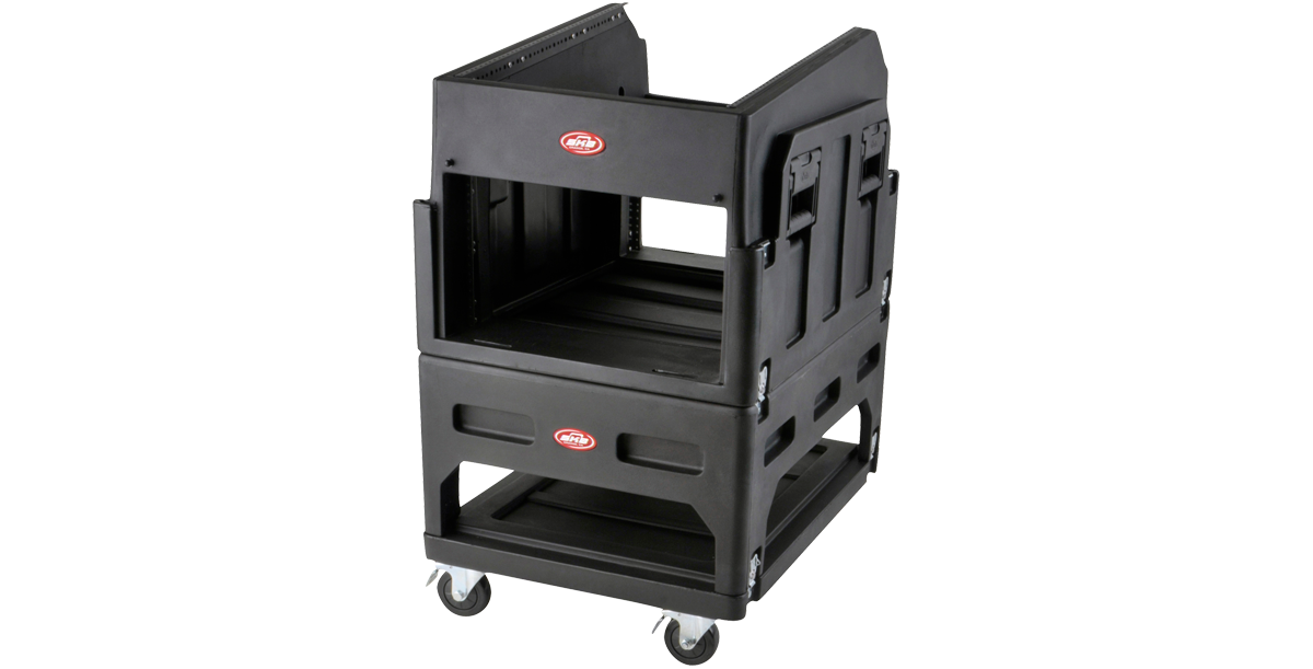 Mighty GigRig Rolling Rack System with angled top rack and open front, designed for mixers and rack-mounted audio accessories.