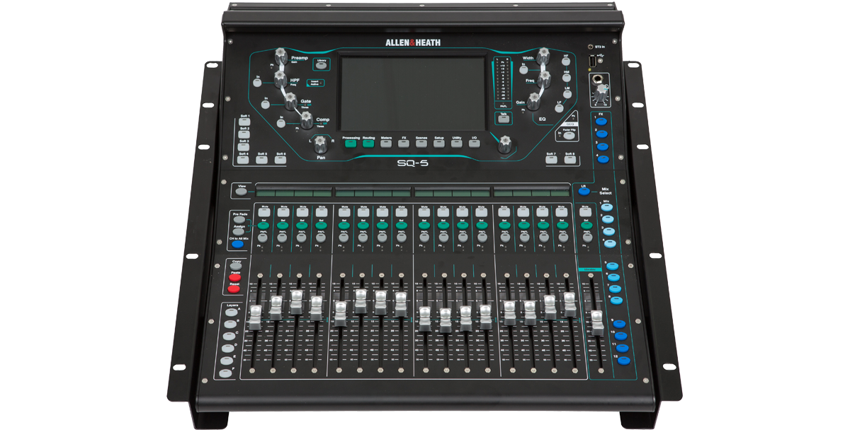 Close-up of Allen Heath SQ5 digital mixer, compatible with rack mount ears for SKB GigRig cases.