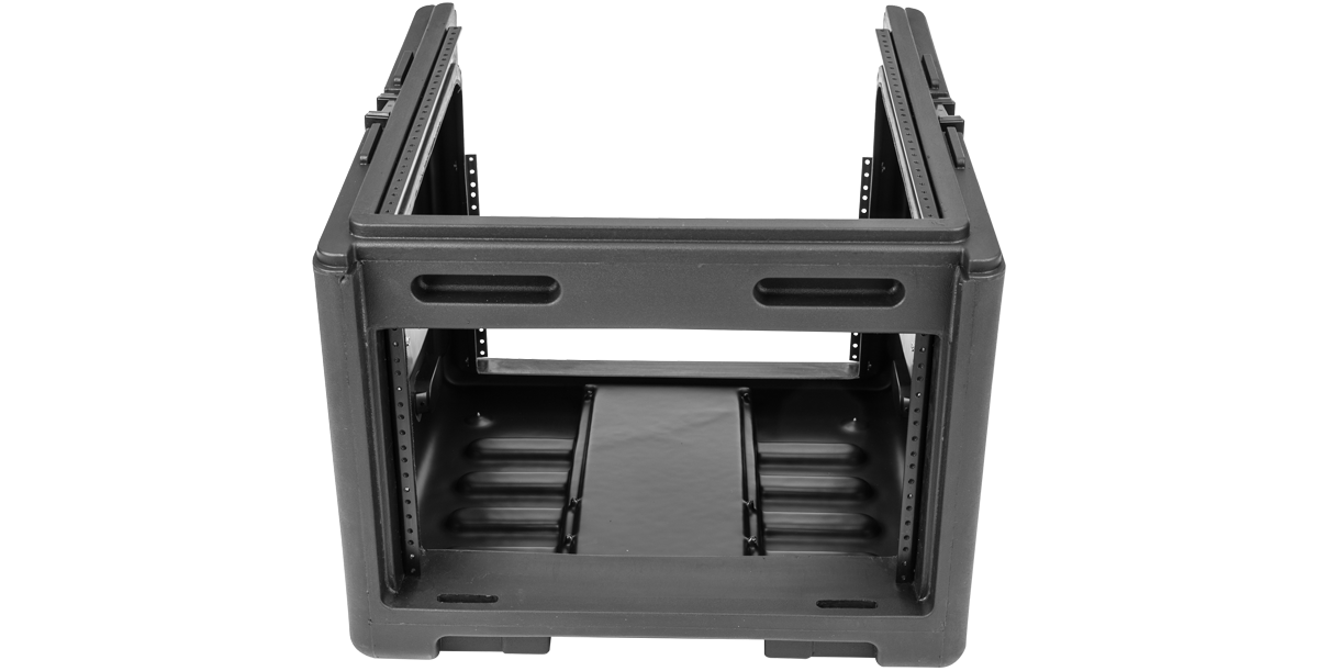 10U Top 6U Compact Rolling Rig Case with open rack rails, ideal for DJ and pro audio setups, designed for mobility and stacking.