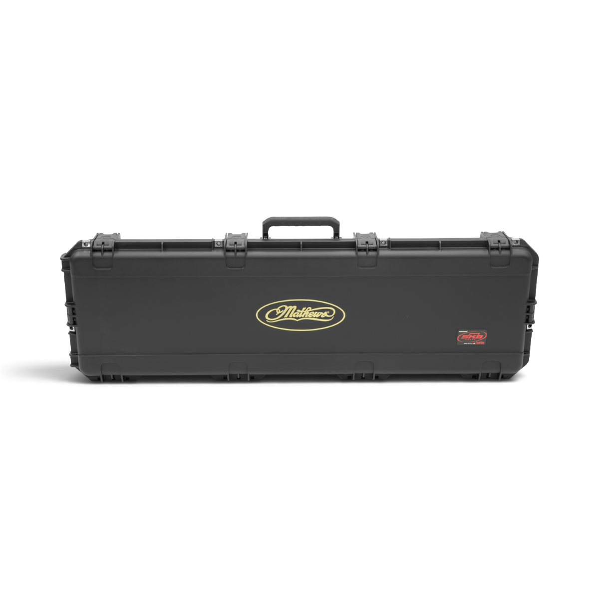 SKB Cases iSeries 5014-6 black waterproof target bow case with Mathews branding and secure trigger latches.