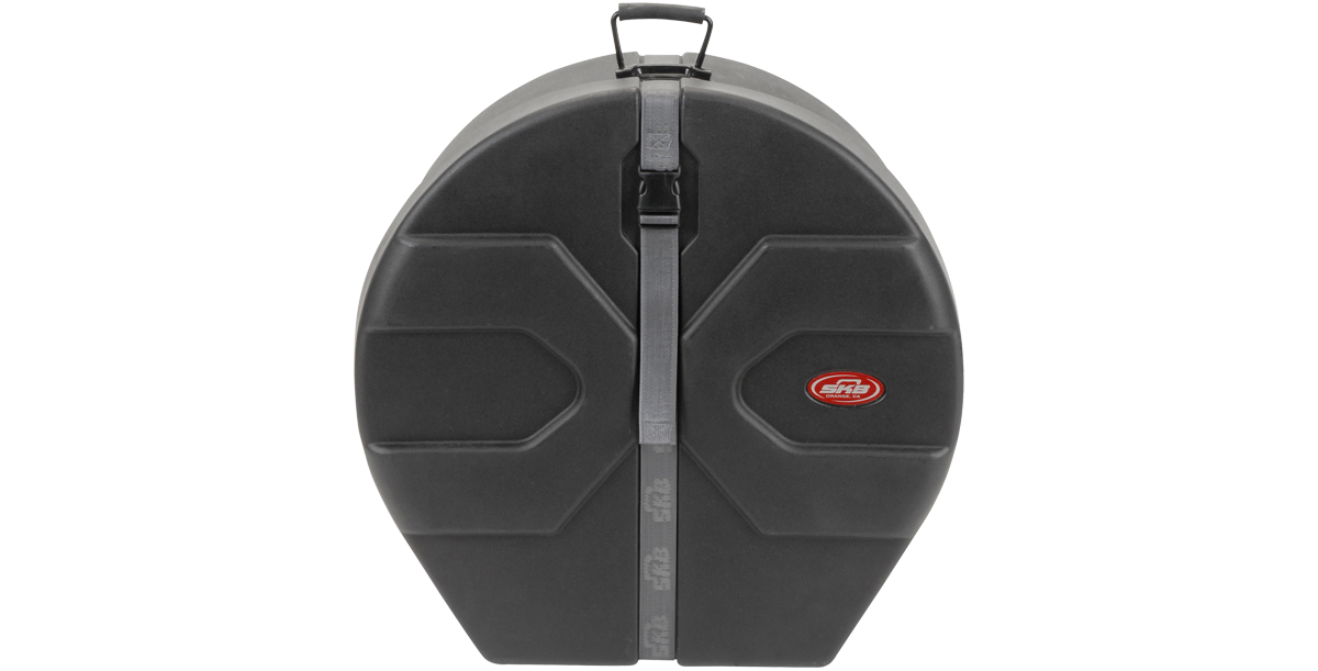 Front view of Double Second/Double Tenor Drum Case featuring molded Roto-X pattern and locking strap. Built for heavy-duty steel drum transport.