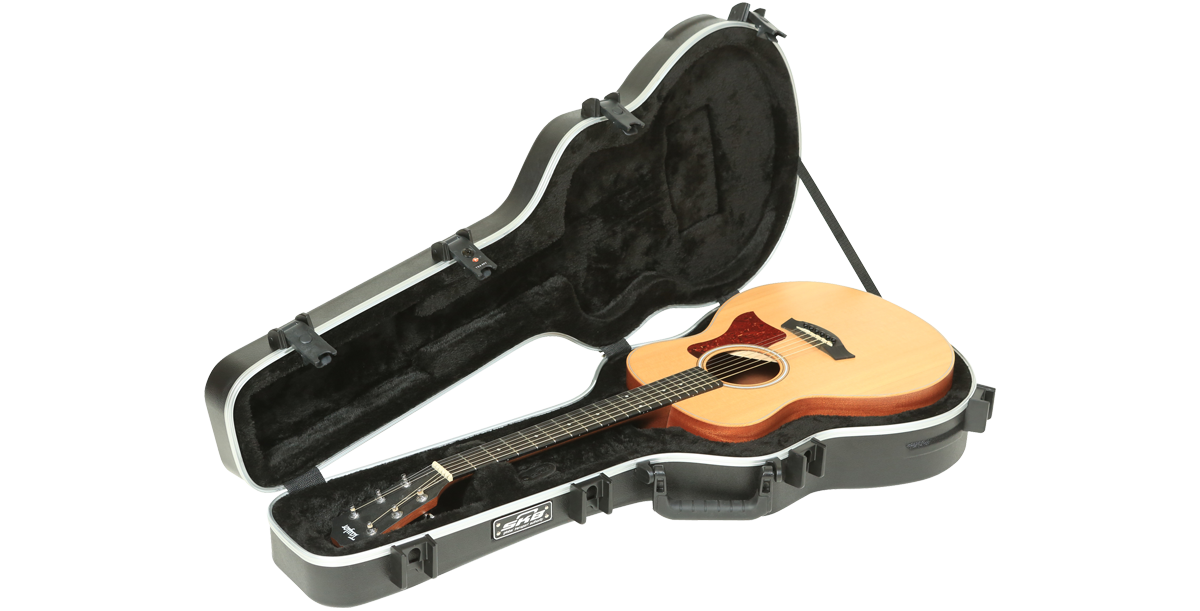 Taylor GS Mini Guitar Case open with guitar inside, highlighting plush interior, molded bumpers, and TSA locking latches for protection.