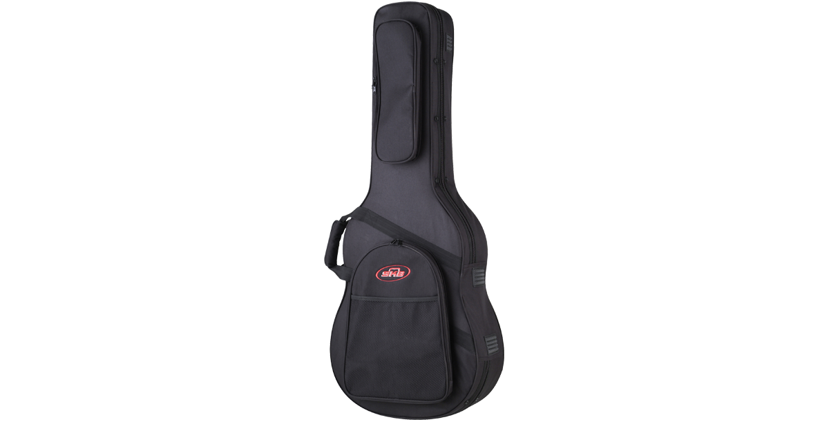 Side view of Acoustic Guitar Soft Case with thick foam padding and zippered compartments for safe storage and easy access to accessories.
