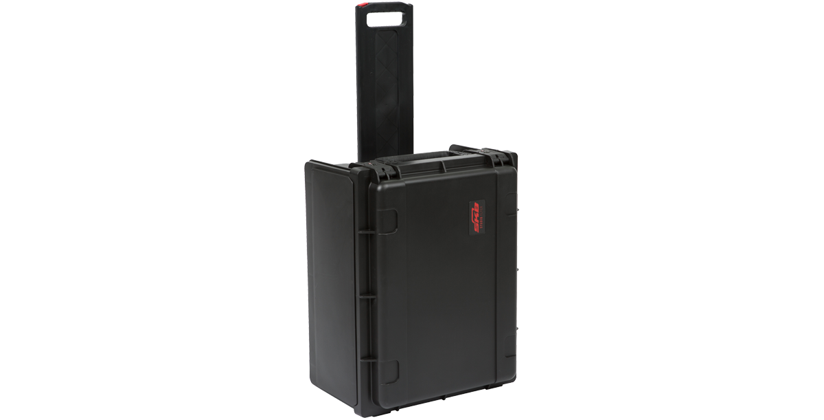 4U Studio Rack Case - Injection Molded in upright position with extended handle and wheels for easy transport.