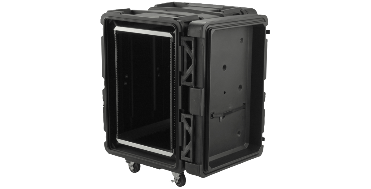 Angled open view of 24-Inch Shock Rack - rSeries 16U showing deep interior and steel rails for secure rackmount installation.