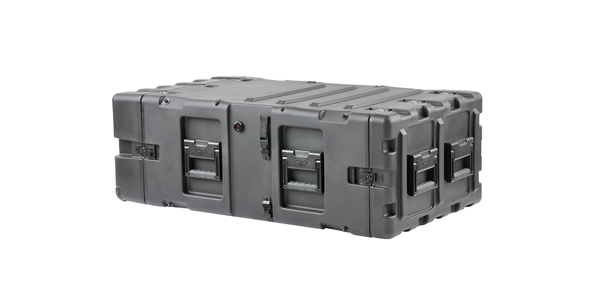 Closed 5U 30-inch shockproof rack with molded handles and secure latches, designed for safe and easy equipment transport.