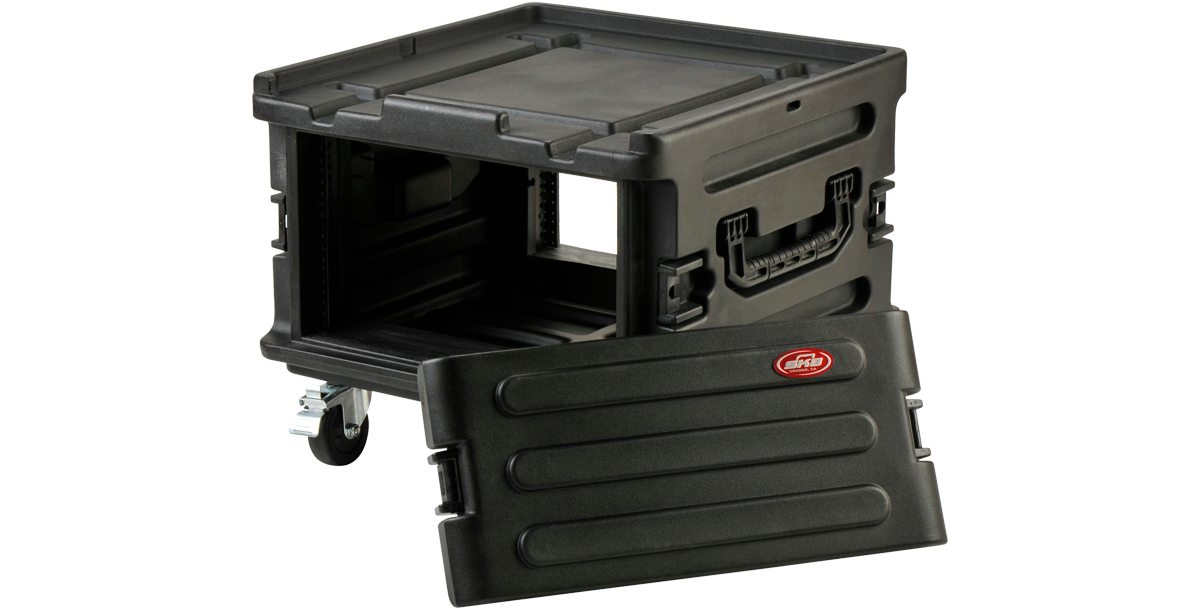 Rack Case with Wheels - Expandable Roto Molded shown with removable front lid, offering easy access to internal rack mount system.