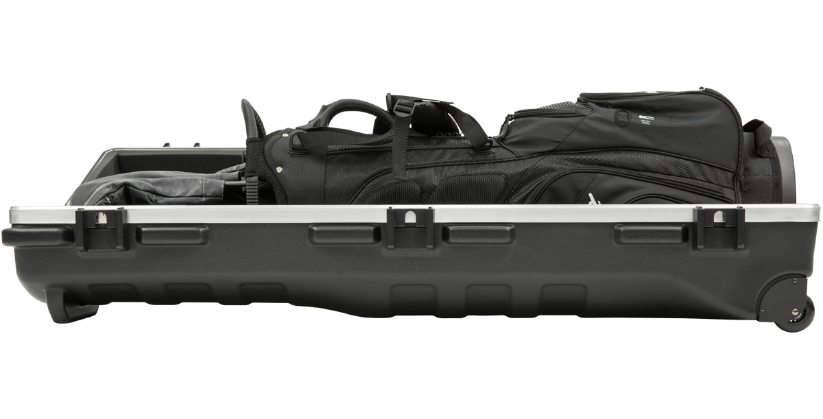 ATA Staff Pro XL Golf Travel Case partially closed with black golf bag, emphasizing durable construction and internal space.