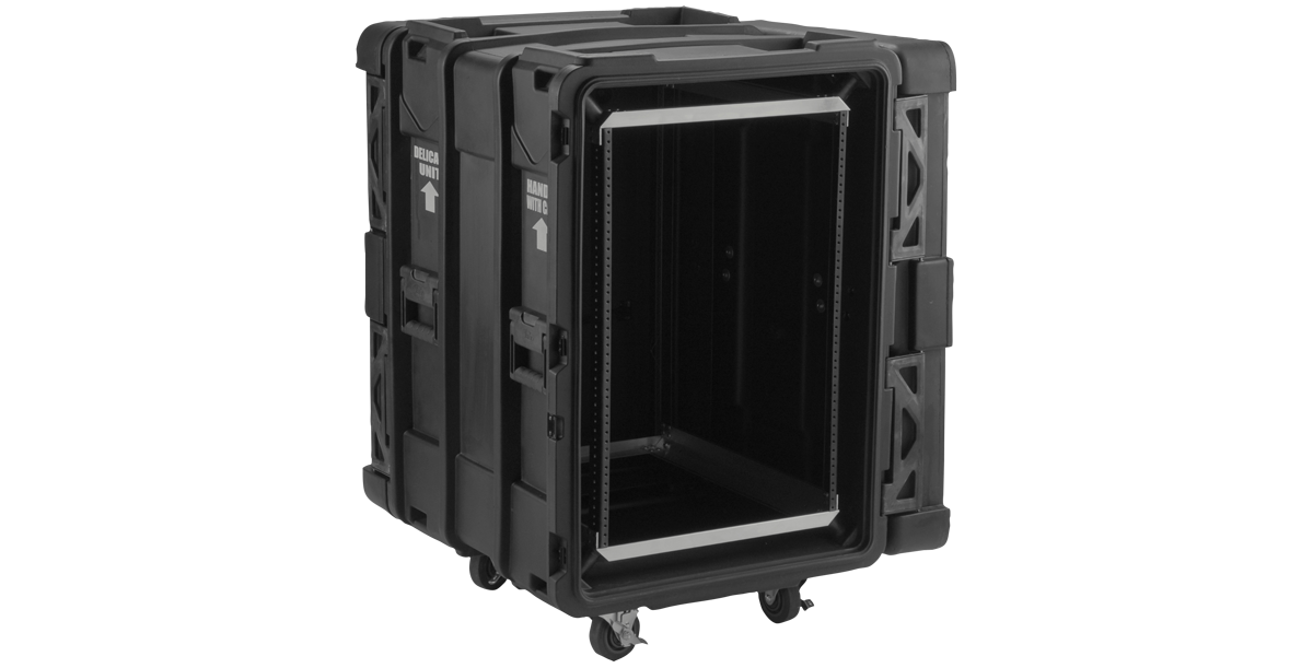 Open side view of 24-Inch Shock Rack - rSeries 16U showing deep rack space and shock-absorbing frame for secure equipment housing.