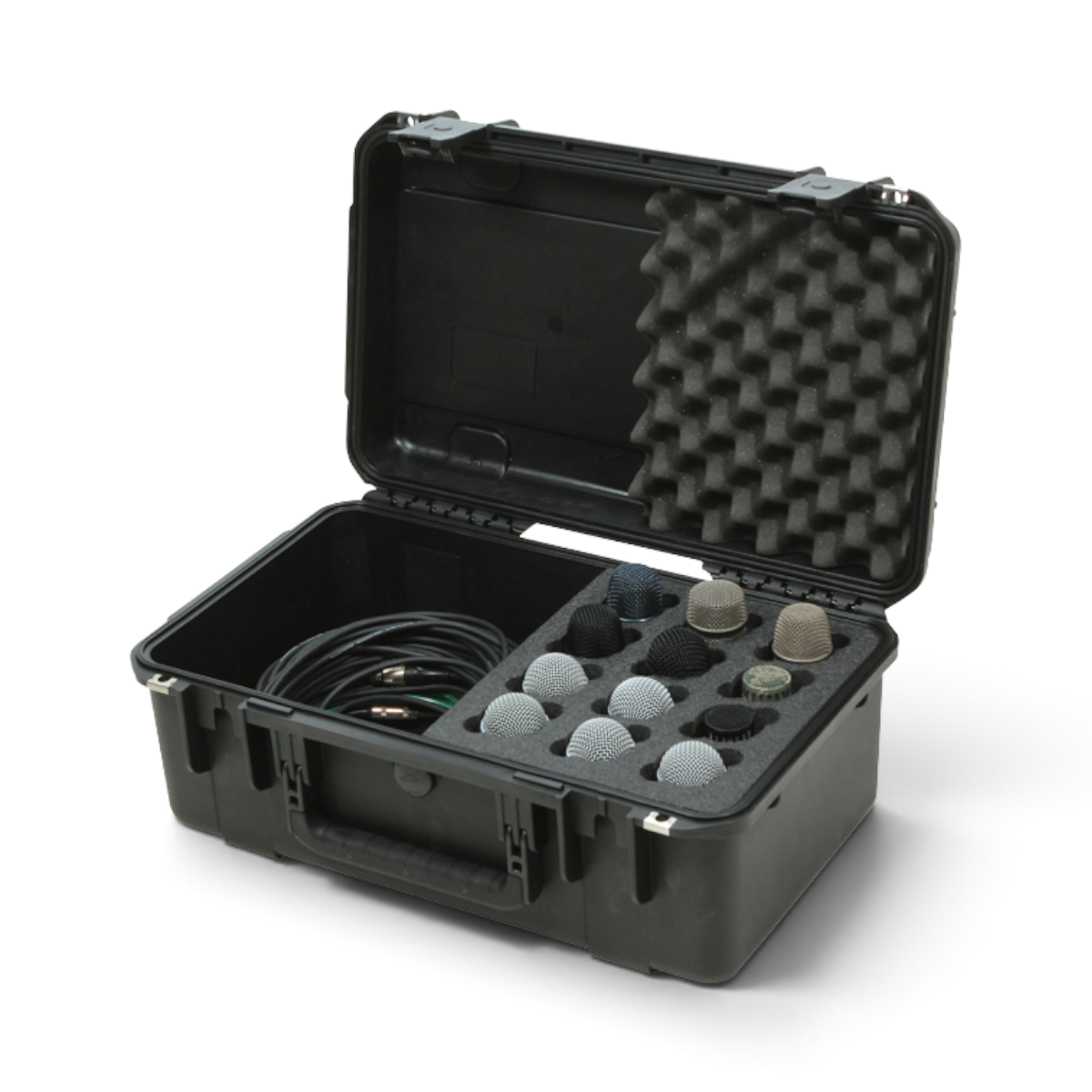 SKB Cases iSeries waterproof microphone case with PE foam interior holding twelve handheld mics and storage cables.