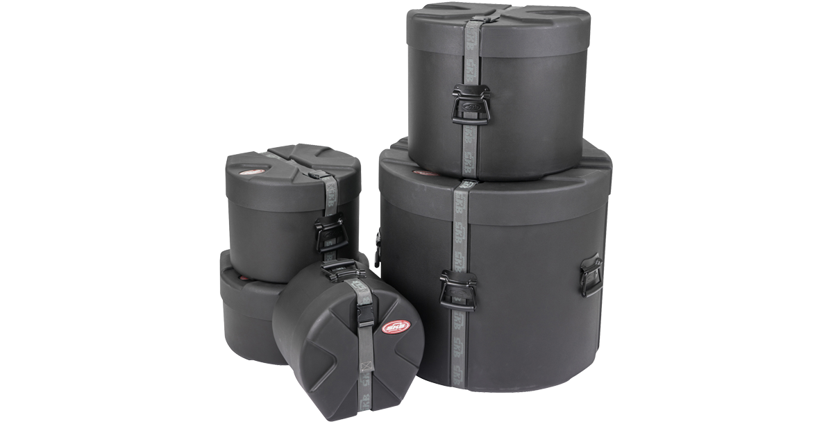 SKB Drum Package - Ultimate Drum Case Set with five stacked cylindrical cases for tom, snare, floor, and bass drums. Durable and protective design.