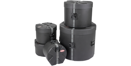SKB Drum Package - Ultimate Drum Case Set with five stacked cylindrical cases for tom, snare, floor, and bass drums. Durable and protective design.