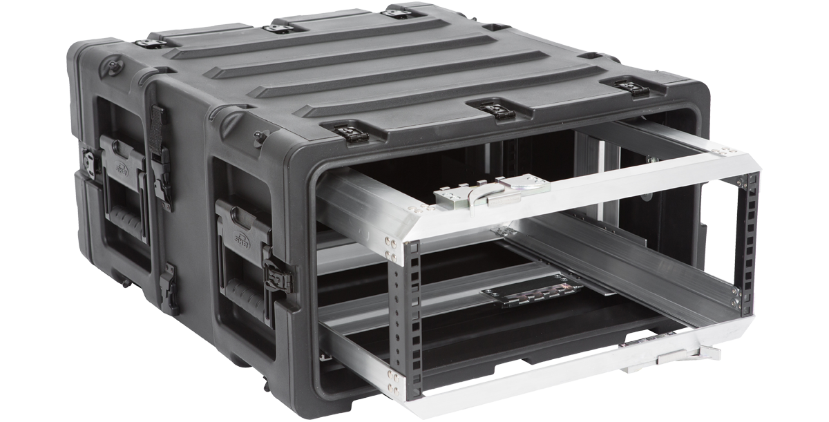 Side angle of 4U 20-Inch Shockproof Rack Case with extended internal frame, ideal for protecting electronics during rugged travel.