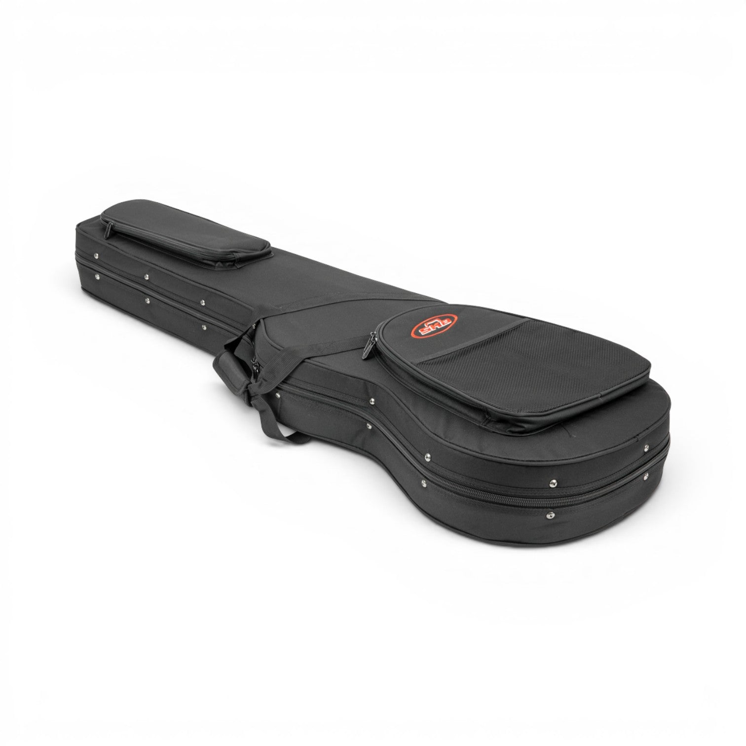 Angled view of Electric Bass Soft Case with EPS foam, showing zippered pockets and rugged design for musicians on the go.