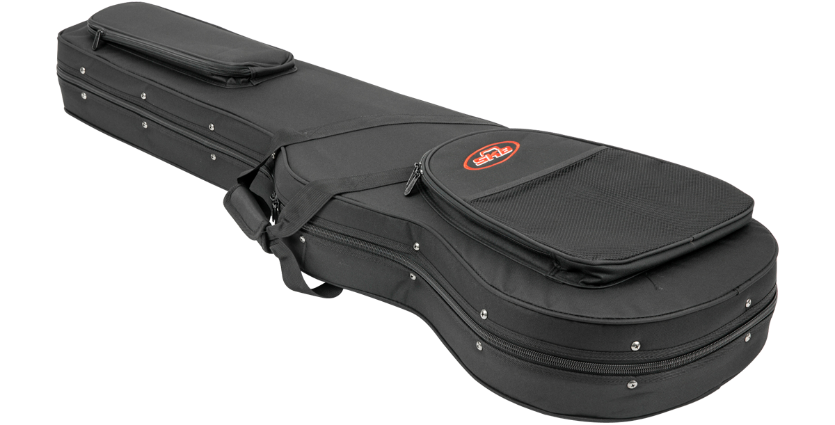 Angled view of Electric Bass Soft Case with EPS foam, showing zippered pockets and rugged design for musicians on the go.