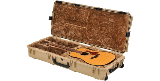 SKB waterproof acoustic guitar case in tan, open with dreadnought guitar, TSA-approved and impact-resistant for travel and storage.